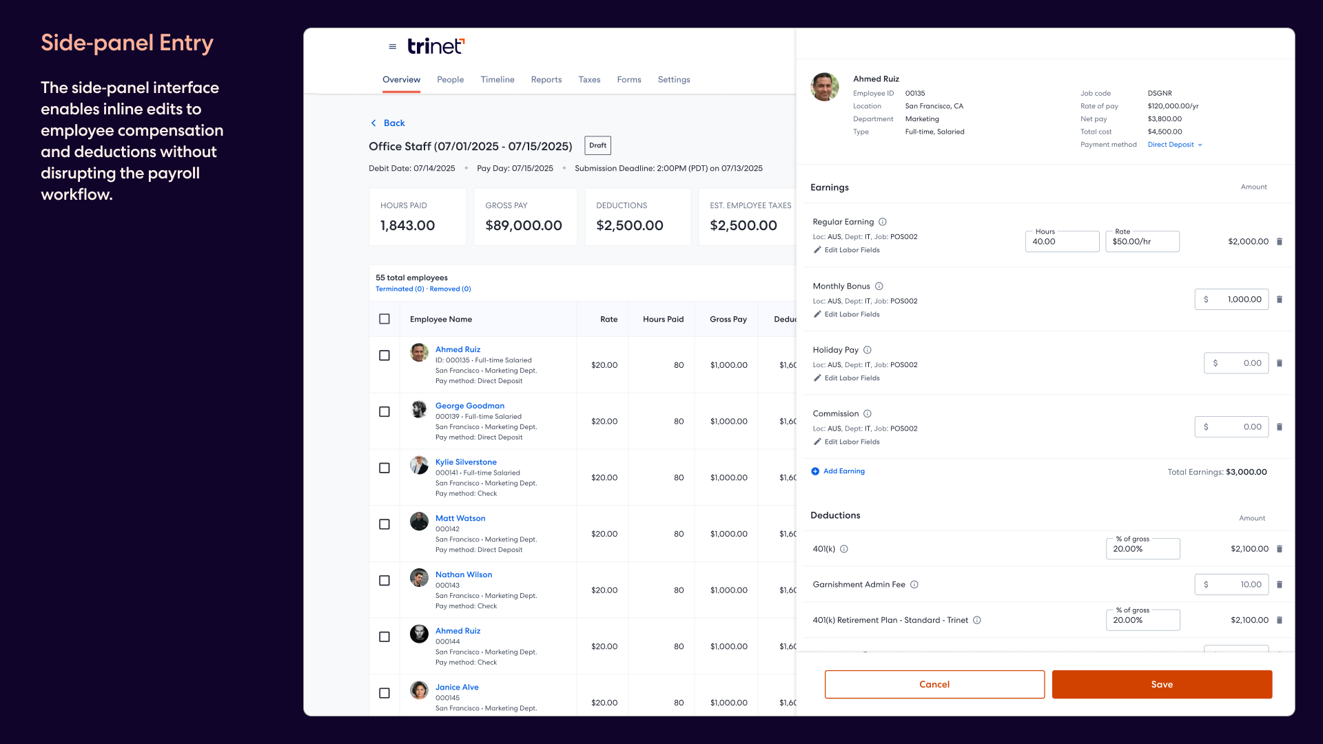 Side-panel drawer – editing individual employee earnings and deductions